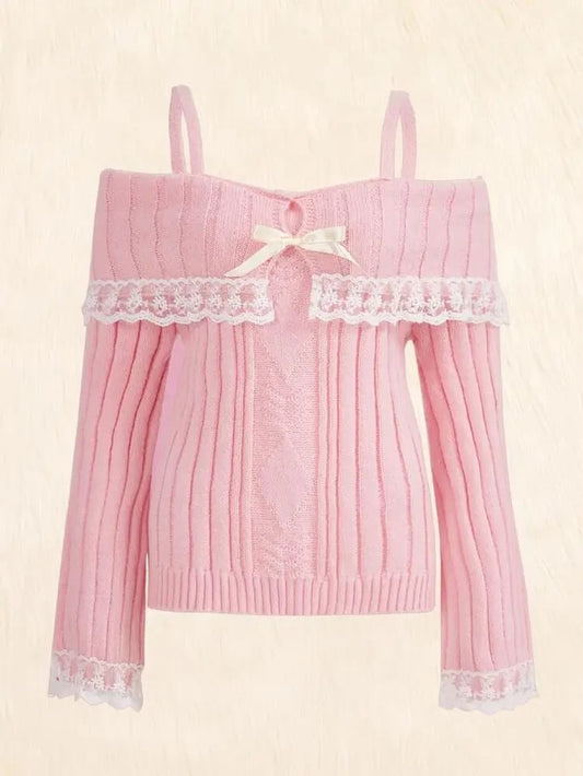 Pink Off Shoulder Bow Lace Sweater