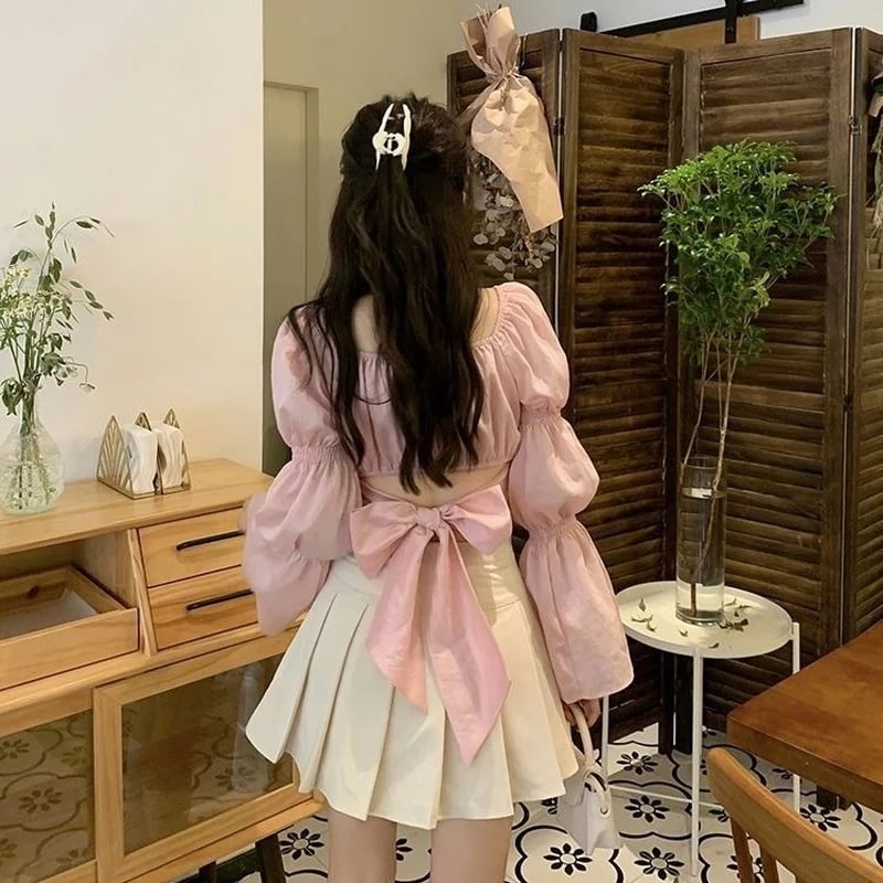 Cute Pink Back Puff Sleeve French Bow Bandage Long Sleeve Shirt Blouse Crop Top Square Neck Aesthetic Casual E-Girl Kawaii Korean Japanese Harajuku