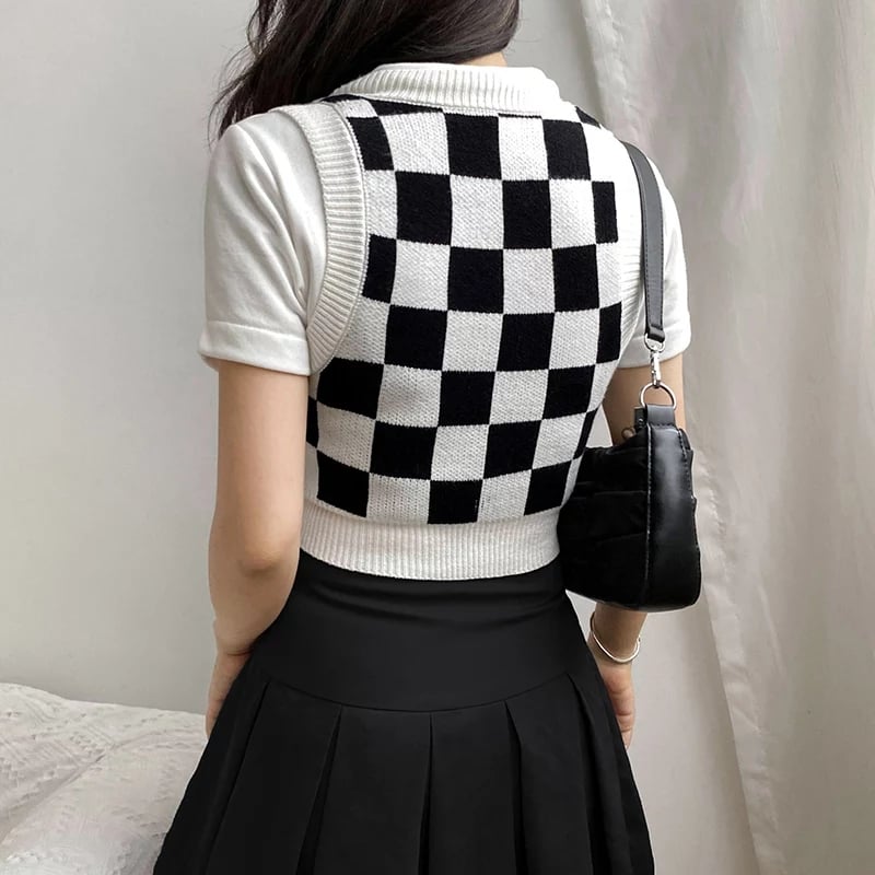 Cute Preppy Argyle Plaid Sweater Vest Sleeveless Knit Crop Top V Neck Shirt Aesthetic Casual Summer E-Girl Kawaii Korean Japanese Harajuku