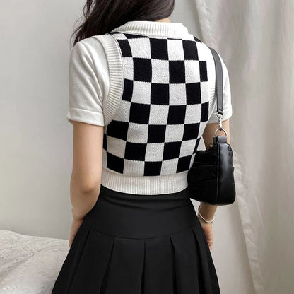 Cute Preppy Argyle Plaid Sweater Vest Sleeveless Knit Crop Top V Neck Shirt Aesthetic Casual Summer E-Girl Kawaii Korean Japanese Harajuku