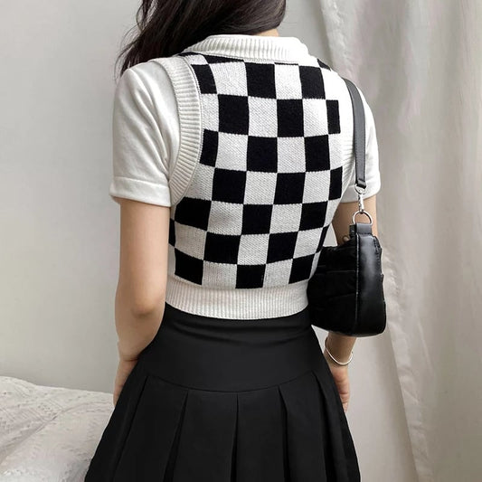Cute Preppy Argyle Plaid Sweater Vest Sleeveless Knit Crop Top V Neck Shirt Aesthetic Casual Summer E-Girl Kawaii Korean Japanese Harajuku