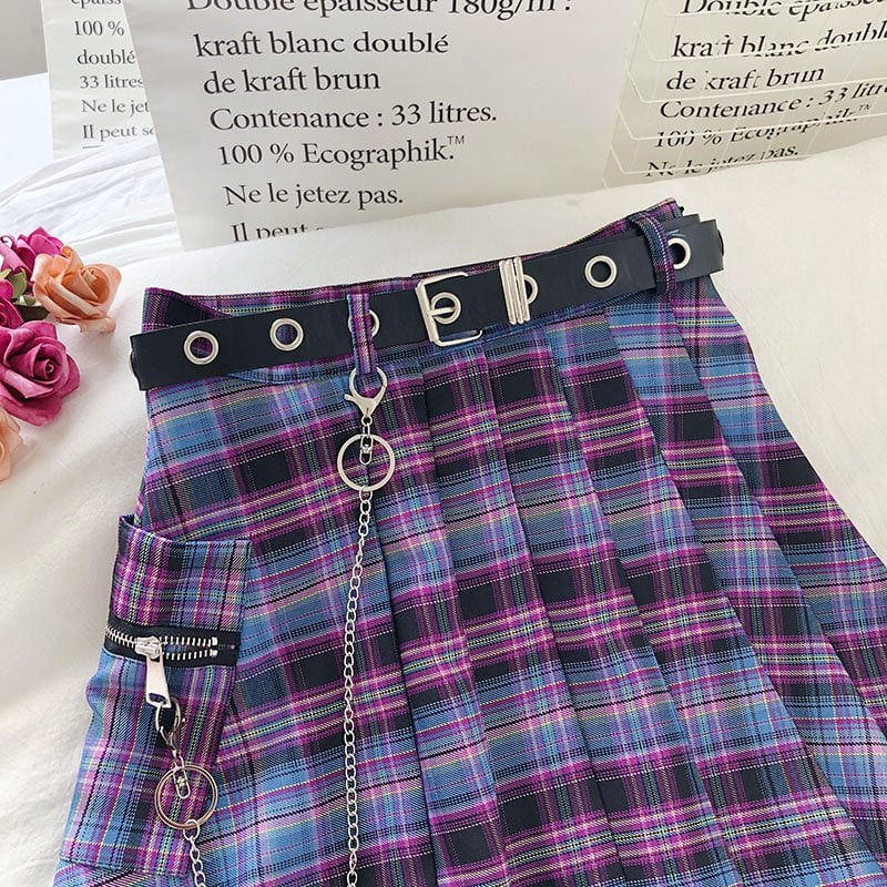 Cute Vintage Plaid Belt Chain High Waisted Mini Skirt School Uniform Tennis A-line Goth Punk Club E-Girl Kawaii Korean Japanese Harajuku Streetwear