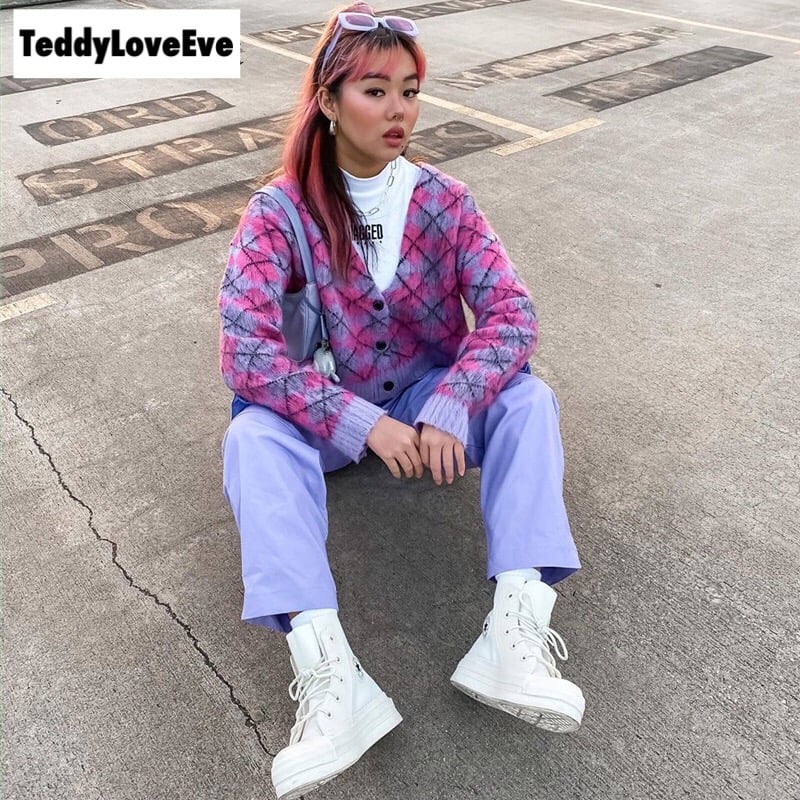 Cute Argyle Print Pink Purple V Neck Sweater Button Sweatshirt Cardigan Pullover Goth Punk Casual E-Girl Kawaii Korean Japanese Harajuku Streetwear