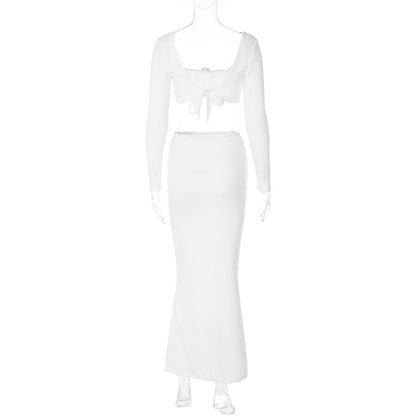 2PCS White Rose Long Sleeve Crop Top + Maxi Skirt