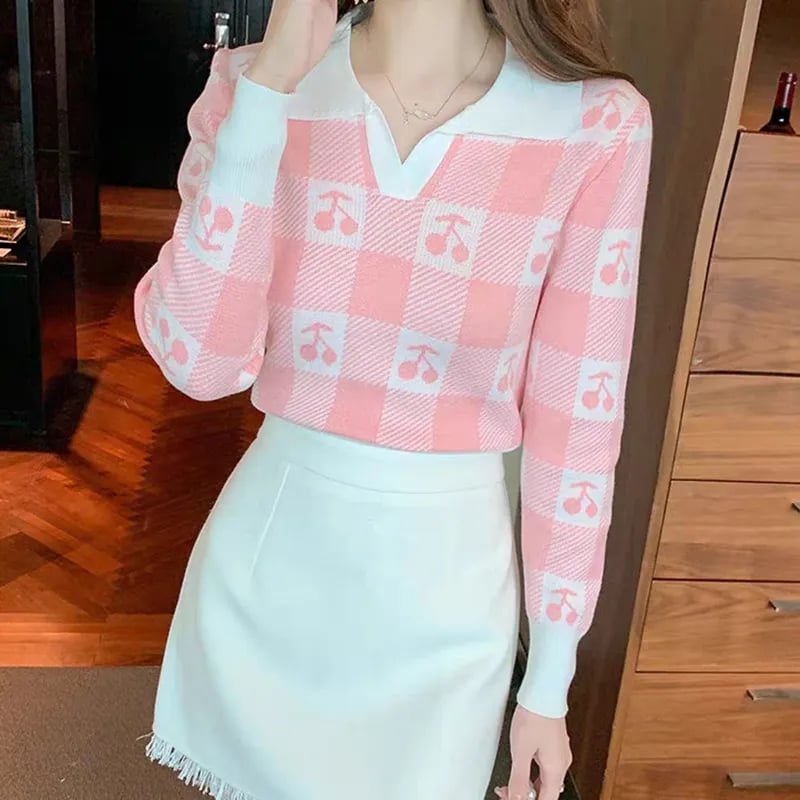 Cherry Plaid Polo Collar Sweater