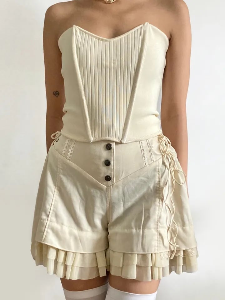 Beige Coquette Patchwork Tie Up High Waist Shorts