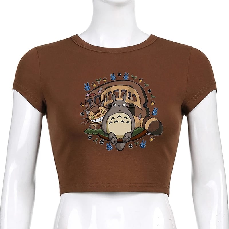 Brown Japanese Anime Cartoon Print Crop Top