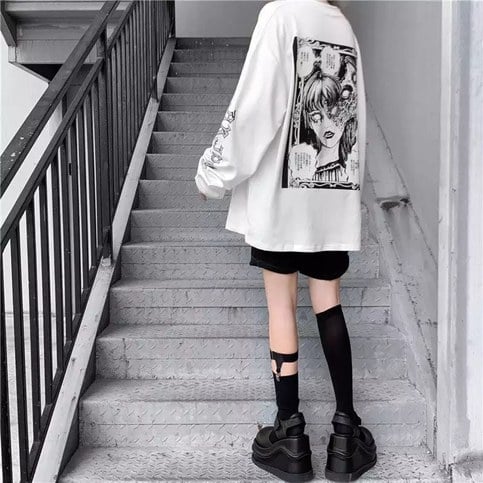 White Dark Anime Girl Cartoon Print Long Sleeve White T-Shirt Oversize Loose Vintage Goth Aesthetic E-Girl Kawaii Korean Japanese Harajuku Streetwear