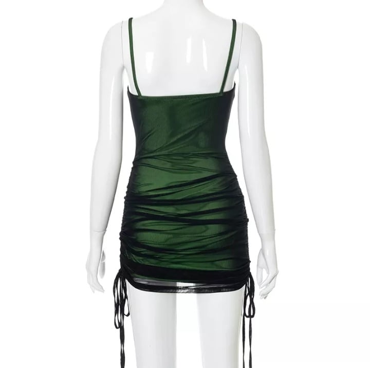 Cute Sexy Green Black Mesh Patchwork Bodycon Lace Up Mini Dress Summer Aesthetic Casual E-Girl Kawaii Korean Japanese Harajuku