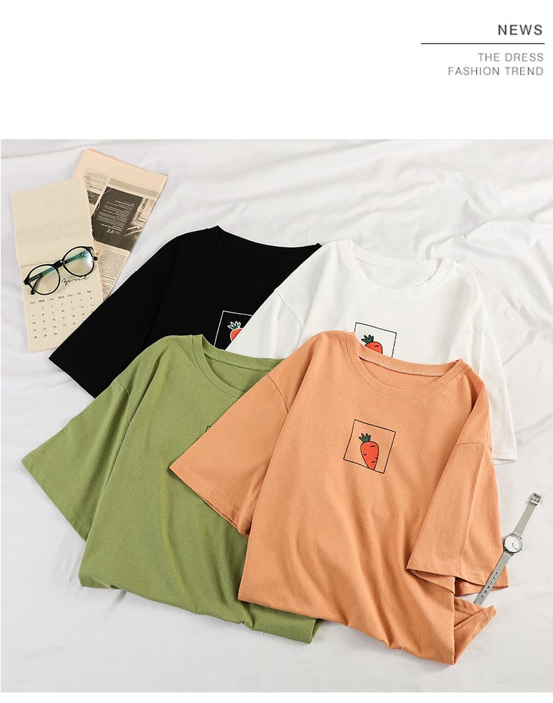 Cute 90s Carrot Print Cartoon vintage Graphic Tee T-shirt Short Sleeve Shirt Top E-Girl Kawaii Korean Japanese Harajuku Retro Streetwear