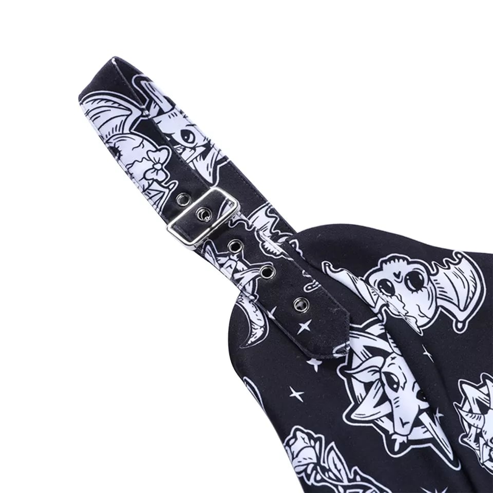 Cute Black Goth Skull Bat Goat Print Zipper Front Camisole Crop Top Tank Summer Aesthetic Casual E-Girl Kawaii Korean Japanese Harajuku
