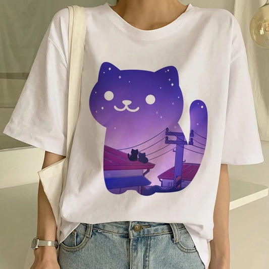 Cute Cat Starry Night Powerline Print Short Sleeve T-shirt Vintage Aesthetic Casual E-Girl Kawaii Korean Japanese Harajuku