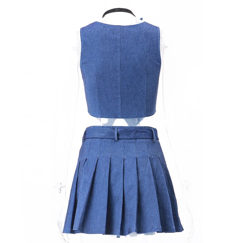 Blue Denim Button Vest + Pleated Mini Skirt