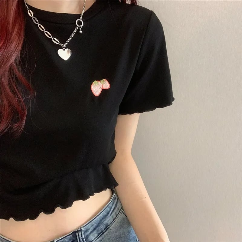 Strawberry Embroidery Ruffle Short Sleeve Shirt