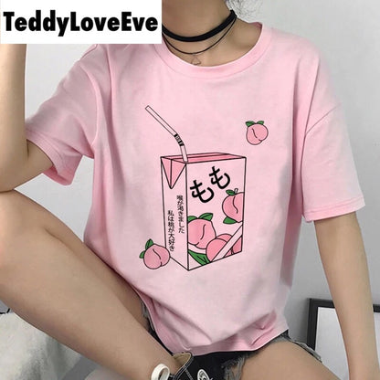 Cute Pink Peach Milk Carton Pastel Print Short Sleeve Shirt Tee T-shirt E-Girl Kawaii Korean Japanese Harajuku Retro Streetwear Aesthetic