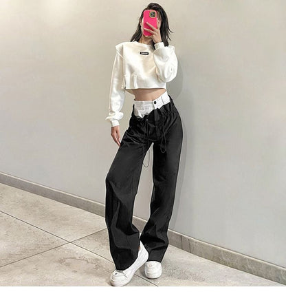 Patchwork High Waist Wide Leg Cargo Pants