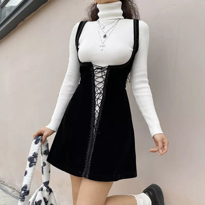 Sweet Velvet Corset Tie Up Mini Dress Summer Aesthetic Casual E-Girl Kawaii Korean Japanese Harajuku