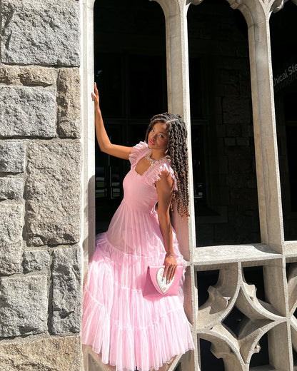 Pink Fairy Mesh Puffy Square Neck Long Dress