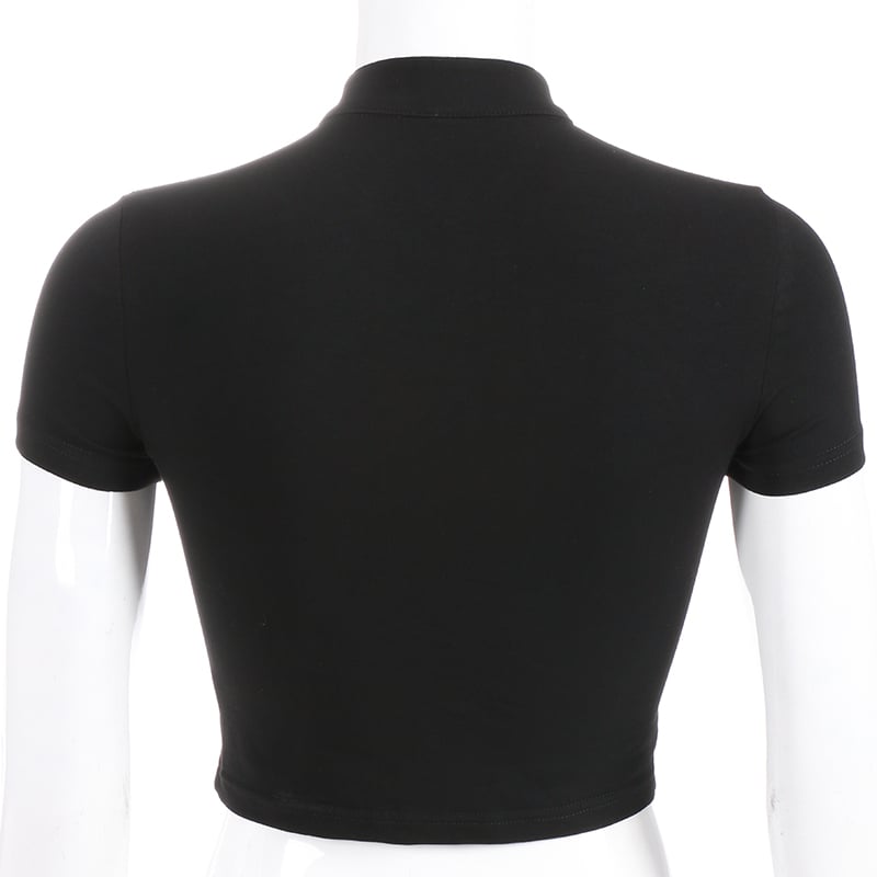 Cute Sexy Casual Black Hallow Out Crop Top Short Sleeve Shirt Tee T-shirt E-Girl Kawaii Korean Japanese Harajuku Chinese Retro Streetwear Aesthetic