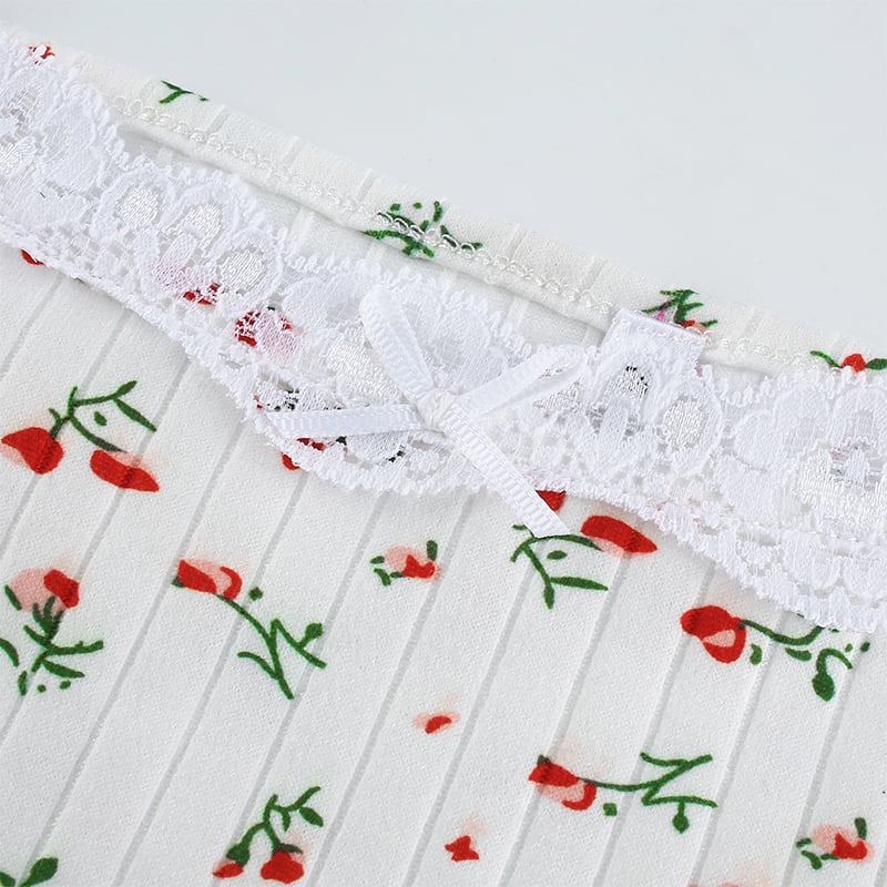 Cute Floral Print Lace Spaghetti Strap Camisole Crop Top Shirt Tee T-shirt E-Girl Kawaii Korean Japanese Harajuku Chinese Retro Streetwear Aesthetic