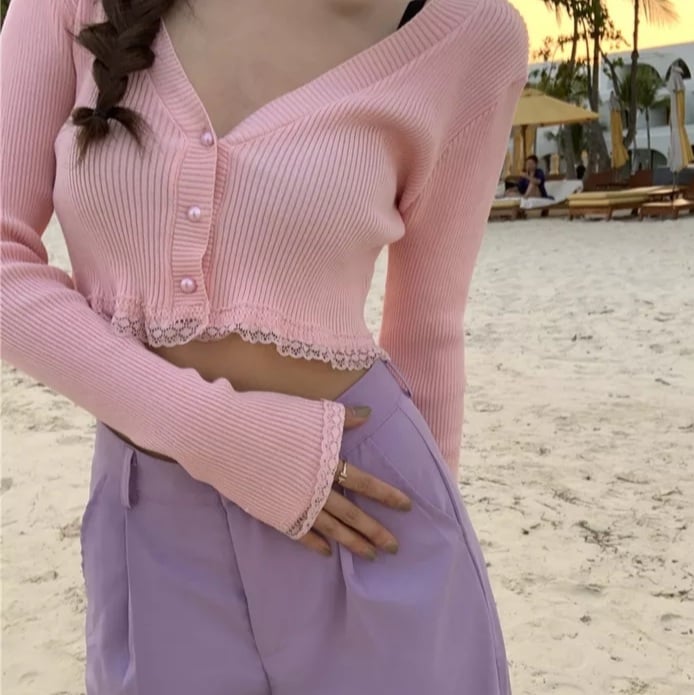 Cute Pink Black Green White Long Sleeve Button Up Crop Top Knit Cardigan Sweater Aesthetic Casual E-Girl Kawaii Korean Japanese Harajuku