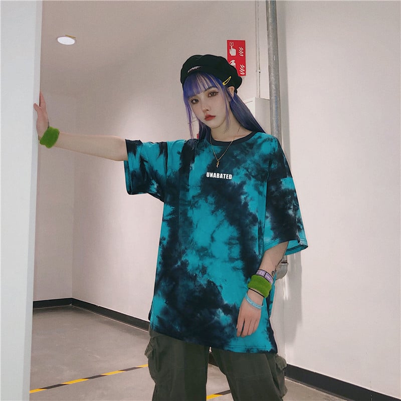 Cute Tie Dyed Hip Hop Casual Punk Goth Loose Oversized Short Sleeve Shirt Tee T-shirt E-Girl Kawaii Korean Japanese Harajuku Chinese Retro Streetwear