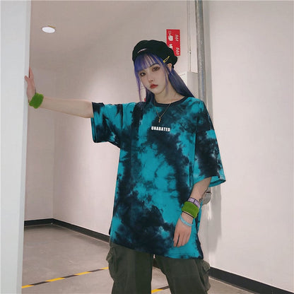 Cute Tie Dyed Hip Hop Casual Punk Goth Loose Oversized Short Sleeve Shirt Tee T-shirt E-Girl Kawaii Korean Japanese Harajuku Chinese Retro Streetwear