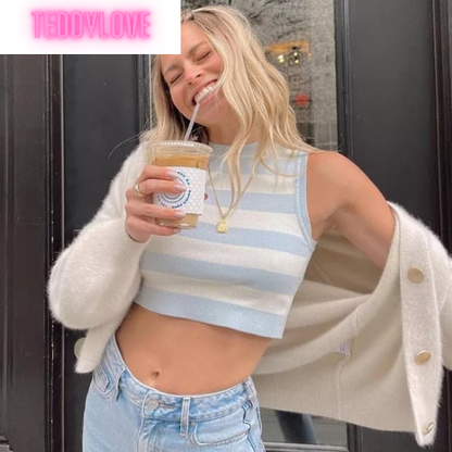 Cute Vintage Mint Green Pastel Stripe Knit Crop Top Sleeveless Tank Aesthetic Casual Summer E-Girl Kawaii Korean Japanese Haraju