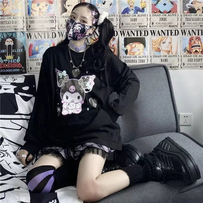 Cute Black Japanese Anime Cartoon Print Loose Oversize Long Sleeve T-shirt