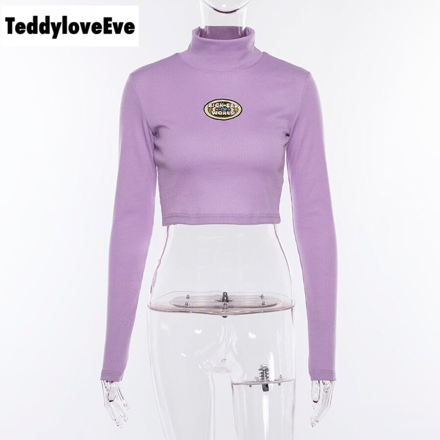 Cute Purple Knit Long Sleeve Shirt Turtleneck Sweatshirt T-shirt Top Autumn E-Girl Kawaii Korean Japanese Harajuku Streetwear