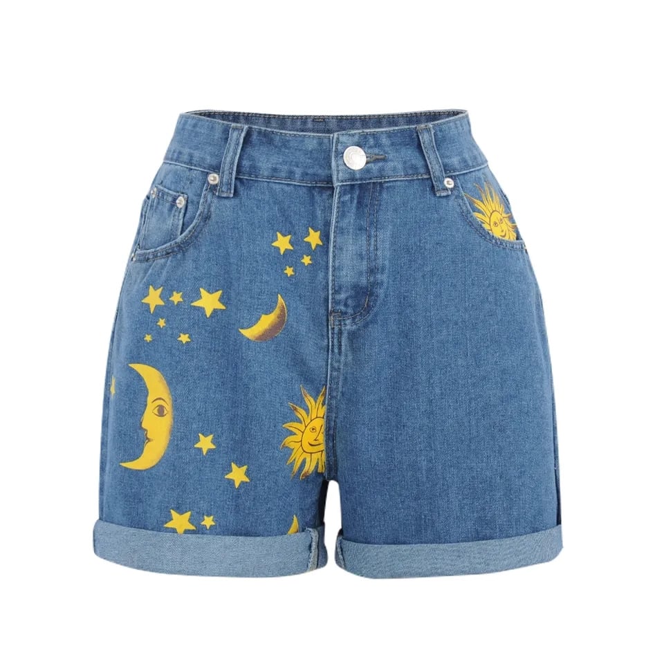 Moon Star Print Denim Shorts