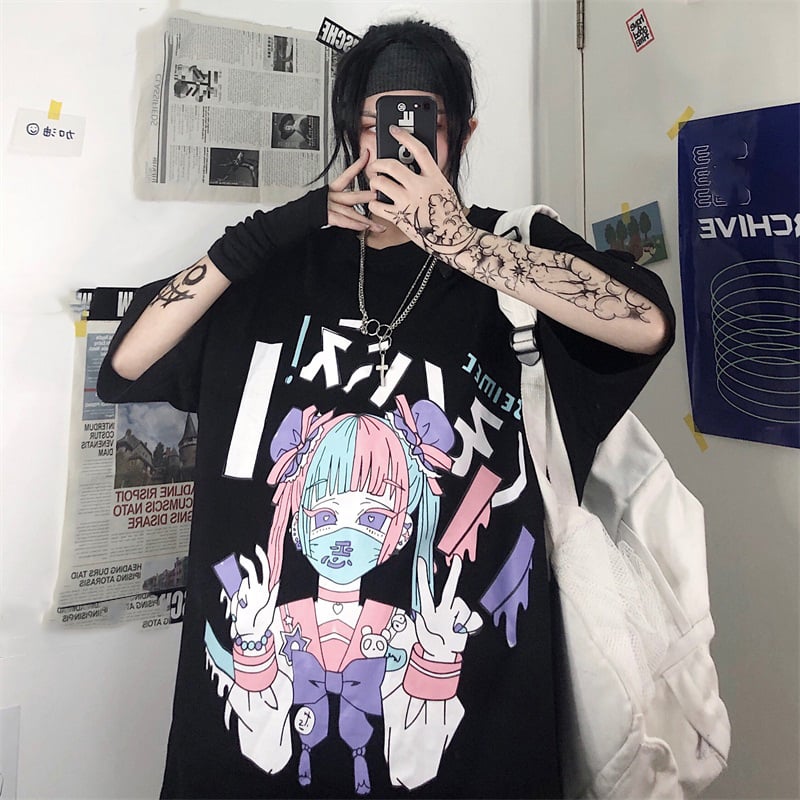 Cute Japanese Girl Punk Goth Print Oversized Short Sleeve Shirt Tee T-shirt E-Girl Kawaii Korean Japanese Harajuku Retro Streetwear Aesthetic
