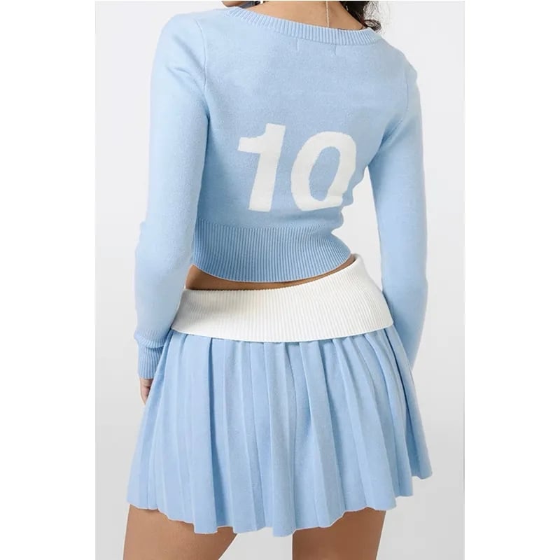 2PCS Blue Knit Long Sleeve Top + High Waist Pleated Mini Skirt