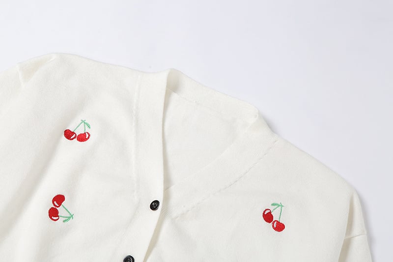 Cute Sweet Cherry Embroidery V Neck Knit Vest Long Sleeve Cardigan Crop Top Sweater Sweatshirt Pullover Jumper E-Girl Kawaii Korean Japanese Harajuku