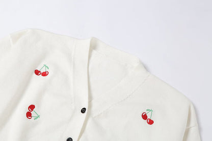 Cute Sweet Cherry Embroidery V Neck Knit Vest Long Sleeve Cardigan Crop Top Sweater Sweatshirt Pullover Jumper E-Girl Kawaii Korean Japanese Harajuku