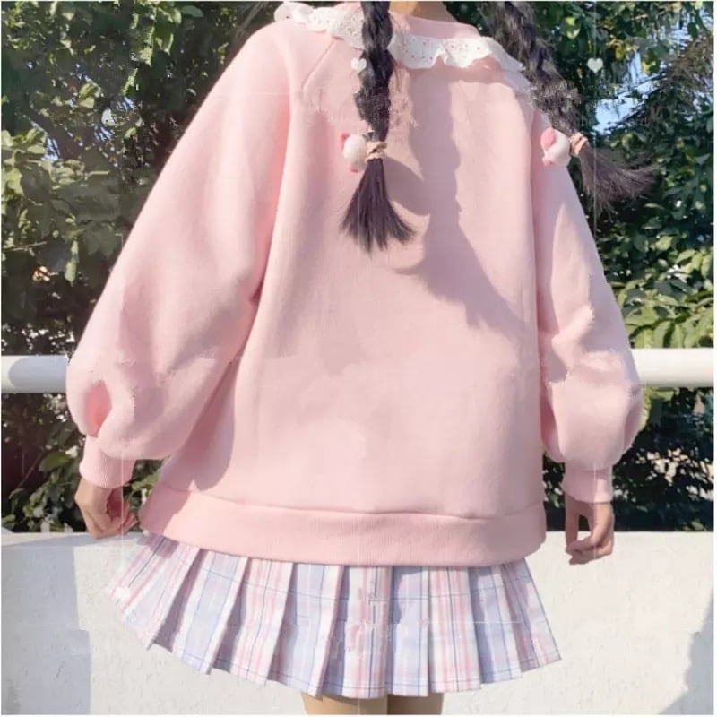 Pink Pastel Lamb Embroidery Lace Sweatshirt Sweater Long Sleeve Shirt Pullover Jumper E-Girl Kawaii Korean Japanese Harajuku Streetwear