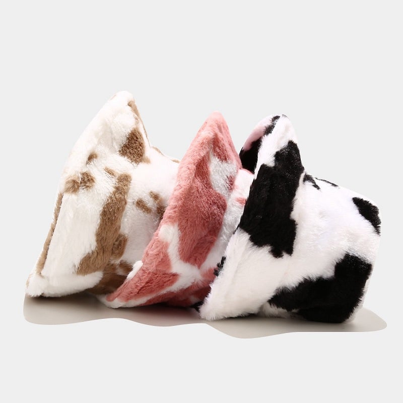 Cow Print Plush Bucket Hat Warm Soft Velvet Fishermen Cap Animal Print Winter Women E-Girl Kawaii Korean Japanese Harajuku Streetwear