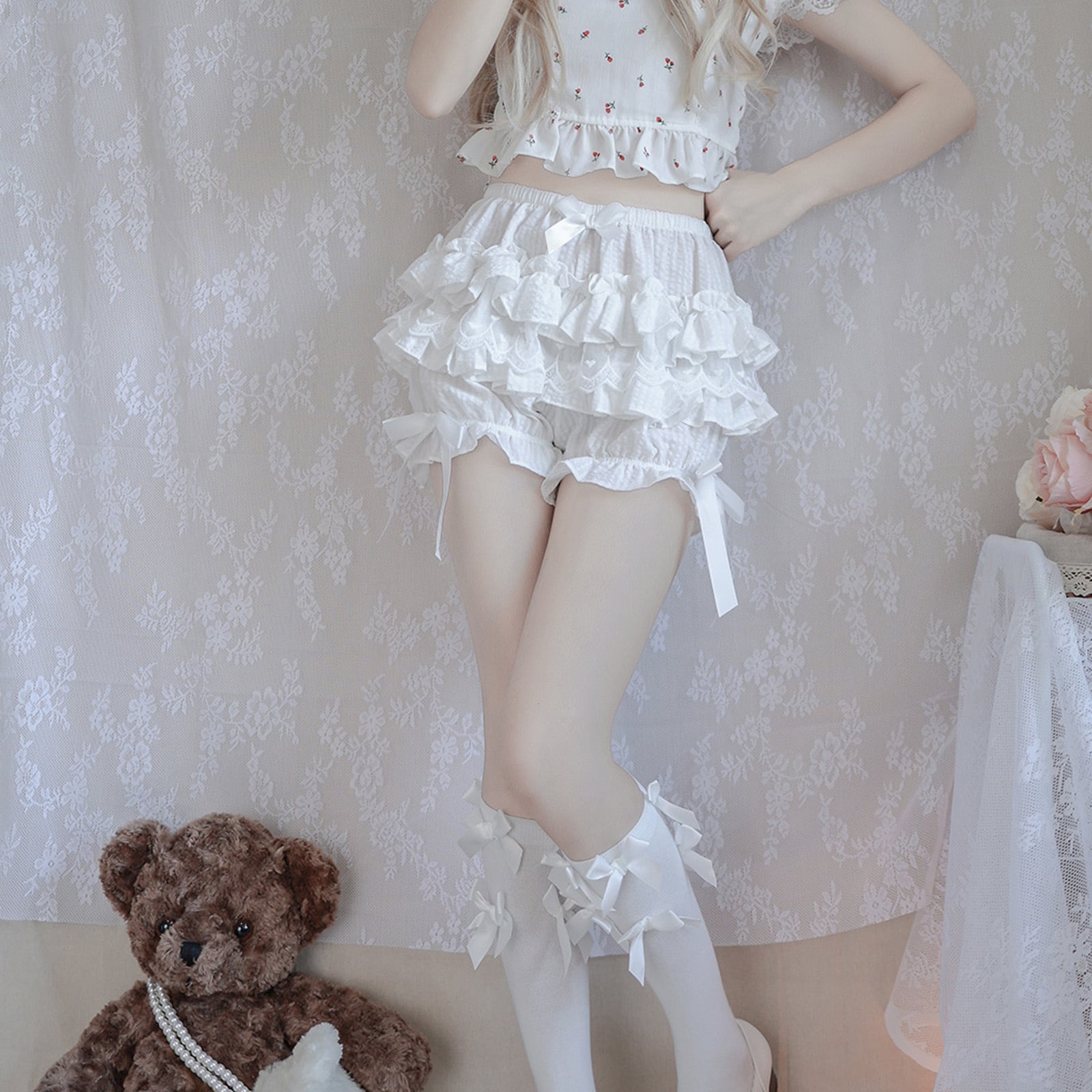 White Frilly Lace Ruffle Bloomer Shorts