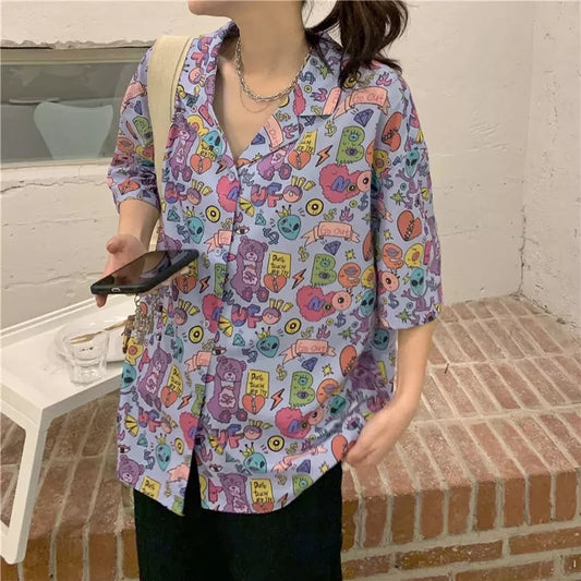 Cute Vintage Punk Art Graphic Oversize Button Up Short Sleeve T- Shirt Top Blouse Aesthetic Casual Summer E-Girl Kawaii Korean Japanese Harajuku