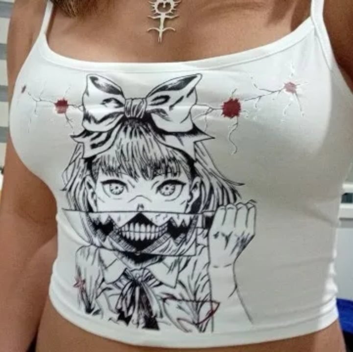 Cute White Killer Knife Anime Girl Cartoon Print Crop Top Camisole Sleeveless Shirt Punk Goth Aesthetic Casual E-Girl Kawaii Korean Japanese Harajuku