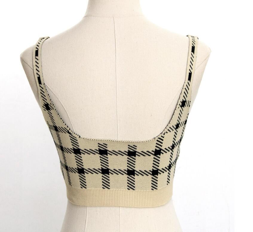 Cute 2 Pcs Gingham Plaid Sweater Knit Button Up Crop Top Shirt Tee T-shirt E-Girl Kawaii Korean Japanese Harajuku Chinese Retro Streetwear Aesthetic