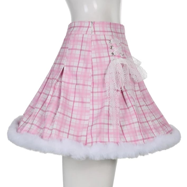 Cute Pink Plaid Feather Lace Up Pleated High Waist A-line Mini Skirt Summer Aesthetic Casual E-Girl Kawaii Korean Japanese Harajuku