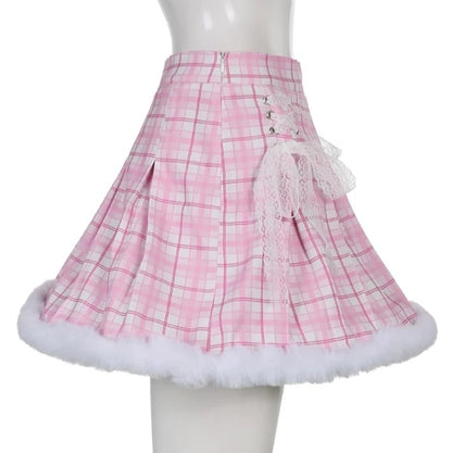 Cute Pink Plaid Feather Lace Up Pleated High Waist A-line Mini Skirt Summer Aesthetic Casual E-Girl Kawaii Korean Japanese Harajuku