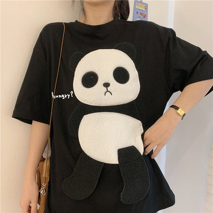Cute Panda Bear Fleece Hungry Casual Summer Oversized Short Sleeve Tee Shirt T-shirt Top E-Girl Kawaii Korean Japanese Harajuku Streetwear