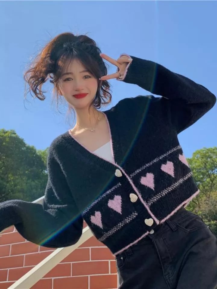 Heart Button Cropped Long Sleeve Cardigan