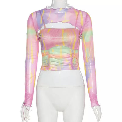 Cute Sexy 2PCS Colorful Hollow Out Long Sleeve Shirt Punk Summer Aesthetic Casual E-Girl Kawaii Korean Japanese Harajuku
