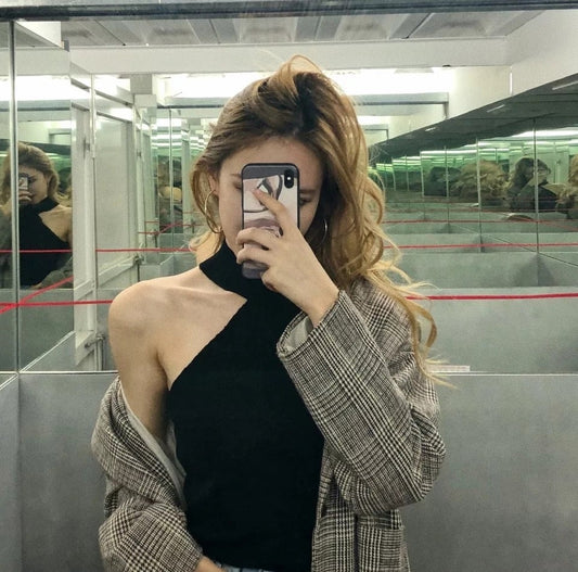 Cute Halter Neck Off Shoulder Crop Top Bodycon T-shirt Tee Shirt Blouse E-Girl Kawaii Korean Japanese Harajuku Retro Streetwear Aesthetic