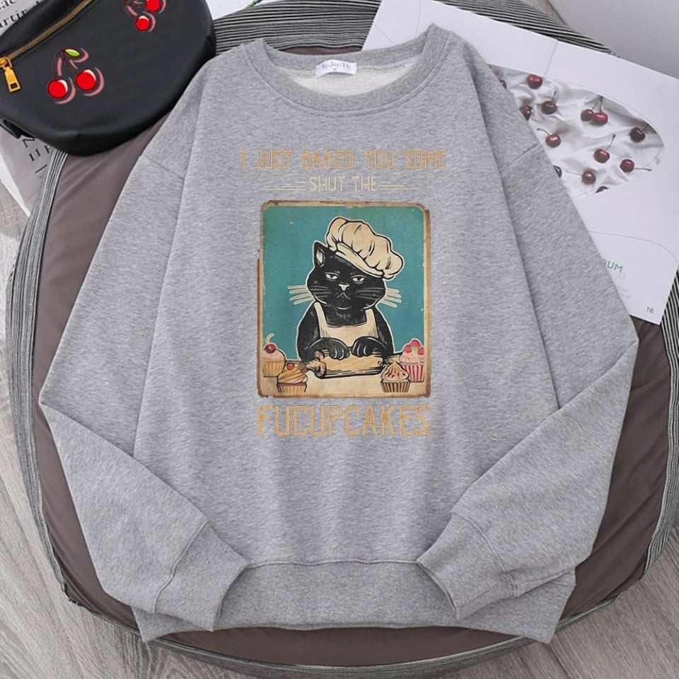 Cute Funny Cat Baking Cupcakes Cartoon Print Sweatshirt Pullover Hoodie Aesthetic Casual E-Girl Kawaii Korean Japanese Harajuku