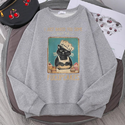 Cute Funny Cat Baking Cupcakes Cartoon Print Sweatshirt Pullover Hoodie Aesthetic Casual E-Girl Kawaii Korean Japanese Harajuku
