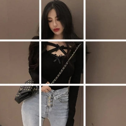 Cute Sexy Lace Cross Ribbon Long Sleeve Shirt Top Aesthetic Casual Summer E-Girl Kawaii Korean Japanese Harajuku